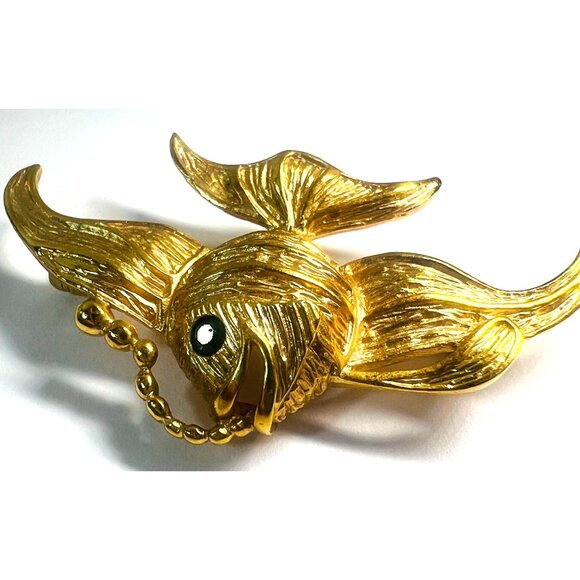 VTG Krementz Gold Overlay Angel Fish Green Gem eye maker signed twice 1.75" X 1" - Picture 7 of 9